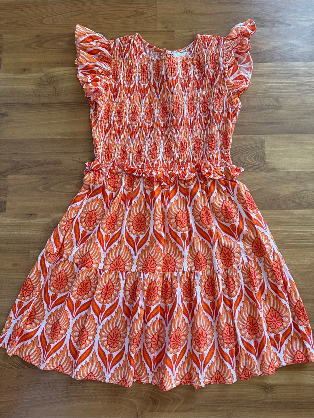Indu Orange Floral Smocked Mini Dress with Flutter Sleeves